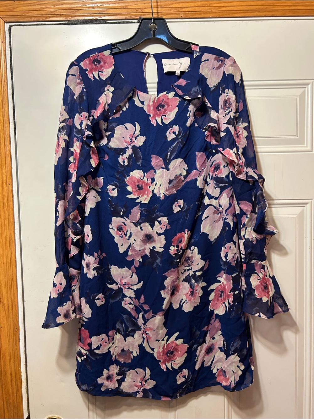 Floral Ruffle Long-Sleeve Dress - Navy with Pink Blooms S